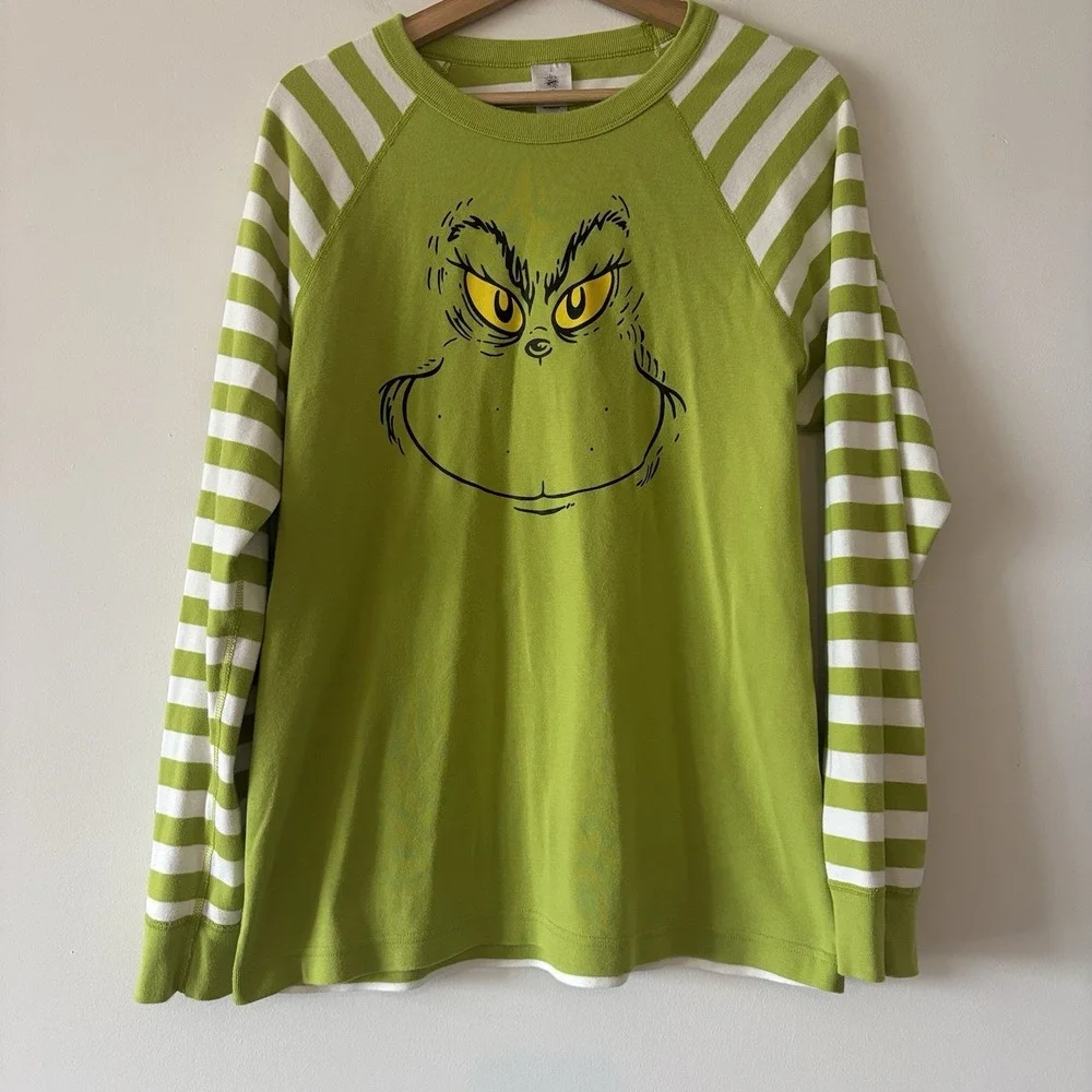 Hanna Andersson Grinch Pajama Top Adult Large‎ Organic Cotton Green Stripes